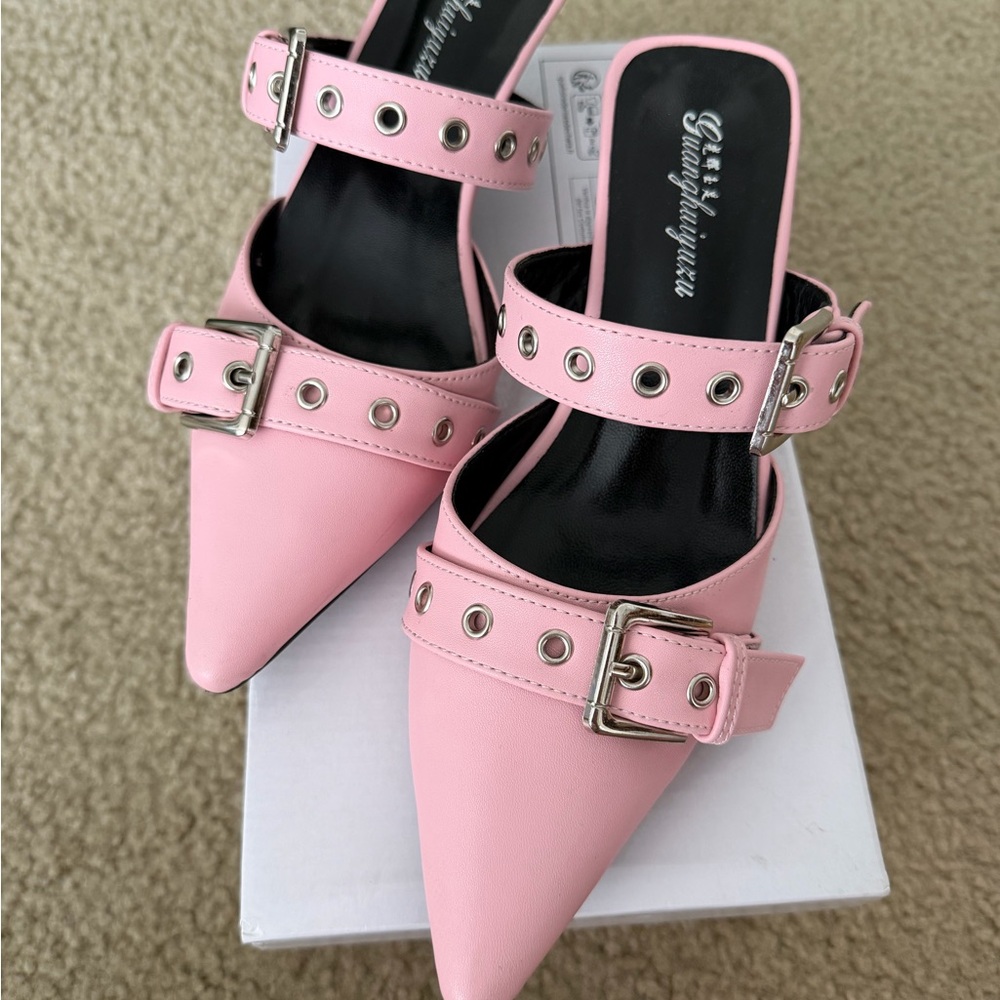 SHEIN Pink Pointed Buckle Mules with Grommet Straps